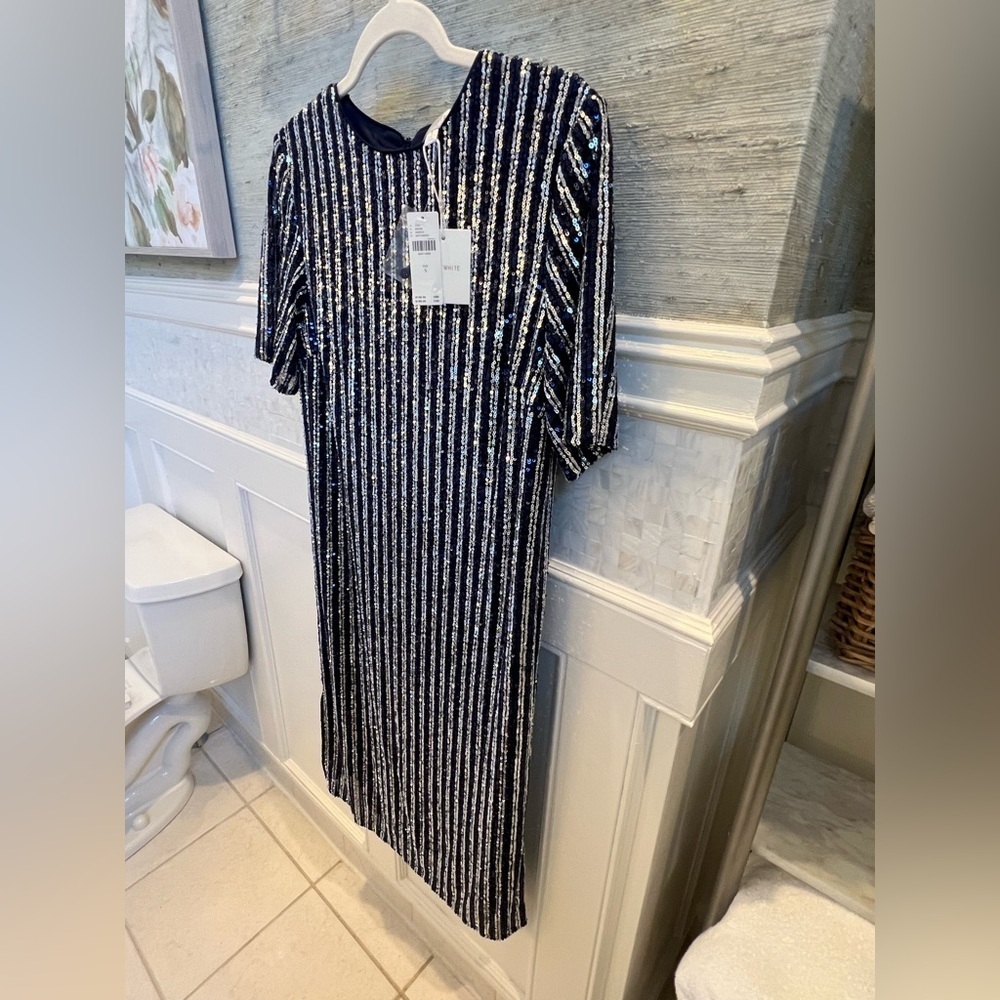 NWT new small Anthropologie flat white short sleeve sequin stripe midi dress - Picture 14 of 17